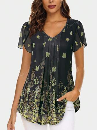 CheersLife Women's Tops Short Sleeve Shirts Casual V Neck Blouse Double Layers Mesh Tunics Tops