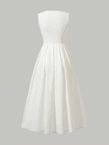 2025新款优雅法式V领收腰全摆中长连衣裙，复古拼接无袖背心连衣裙，春夏时尚度假海滩派对家庭聚会假日晚礼服 白色 - 白色 - 查看 7