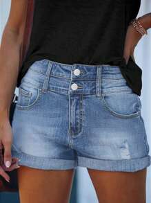 Women's Loose Fit Dual Waistband Pockets Denim Shorts