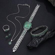 6 Stücke elegantes und modisches, funkelndes Luxus Damen Uhren-Set mit Halskette, Ohrringe, Armband, Ring, mehrere Farboptionen, ideal als Geschenk für den täglichen Gebrauch, Geburtstag, Party, Schulanfang, Muttertag und andere Feiertage