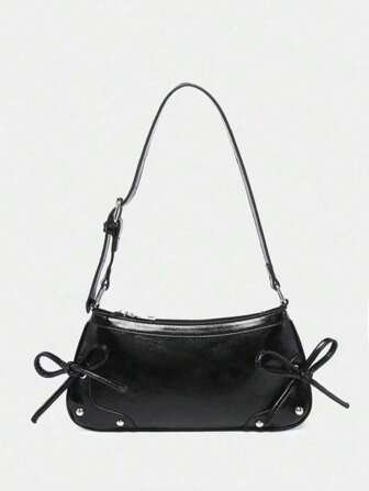 1 件复古蝴蝶结装饰单肩腋下法棍包，适合约会、郊游、聚会