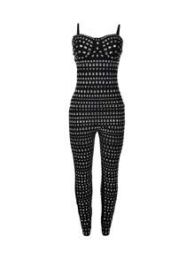 夏季时尚性感女式闪亮水钻吊带长款正式连体裤生日派对 - 黑色 - 查看 8