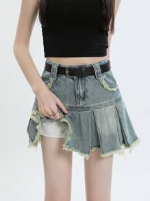 YEAE | YKK 复古蓝高腰百褶 A 字裙 - 淺色水洗藍 - 查看 5