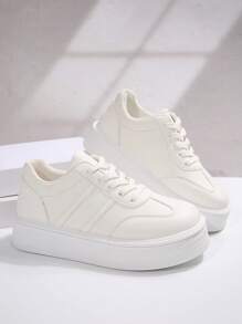 Thick Sole Women White Sneakers, Versatile Casual Outdoor Travel Walking Lightweight Tennis Shoes - White - View 3