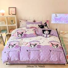 Sanrio 4pcs/Set Sanrio Kuromi Bedding Set, Cute Bedding, Warm And Soft 1 Quilt Cover + 2 Pillowcases + 1 Sheet, Soft And Comfortable Durable Bedroom Bedding, Does Not Include Quilt And Pillowcase, 78.74''*90.55'', Purple