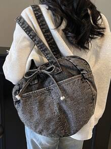 Women's Round Tote Bag, Versatile Casual Shoulder Handbag Large Capacity Denim Purse