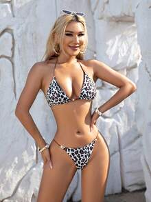 2pcs Leopard Print Pearl Decor Bikini Swimwear Set, For Summer Beach Vacation - Leopard - View 4