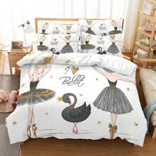 3pcs/Set The Little Girl Dancing With Swan Pattern Comforter Cover Set, 1pc Comforter Cover With 2pcs Pillowcases, High Definition Printing, Home And Dorm Decor, Soft And Comfortable Bedding Set