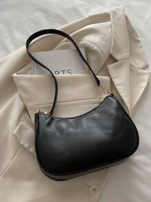 女士纯色新款便携式 PU 皮革手提包，时尚通勤单肩包 - 黑色 - 查看 5