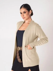 Women's Winter Knitted Cardigan Coat With Pocket - Màu be - Xem 3