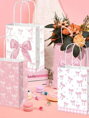 粉色 12 个装纸质派对礼品袋 - 生日单身新娘订婚派对装饰带贴纸，无需电力（额外 4/8/12 个蝴蝶结手提包可供选择）