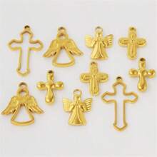 10pcs Stainless Steel Cross Pendant Charms, European & American Style, Suitable For Bracelet, Necklace, Anklet, Wholesale Craft Supplies, 18k Gold Plated PVD Finish