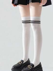 2 Pairs Girls' Solid Black & White Over-The-Knee Thigh High Socks, School Season JK Uniform Stockings For Teens & Youth