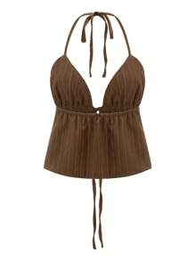 Women Y2k Front Tie Crop Tops Halter Neck Flowy Plisse Summer Going Out Top Sexy Split Sleeveless Cami Shirt - 棕色 - 查看 4