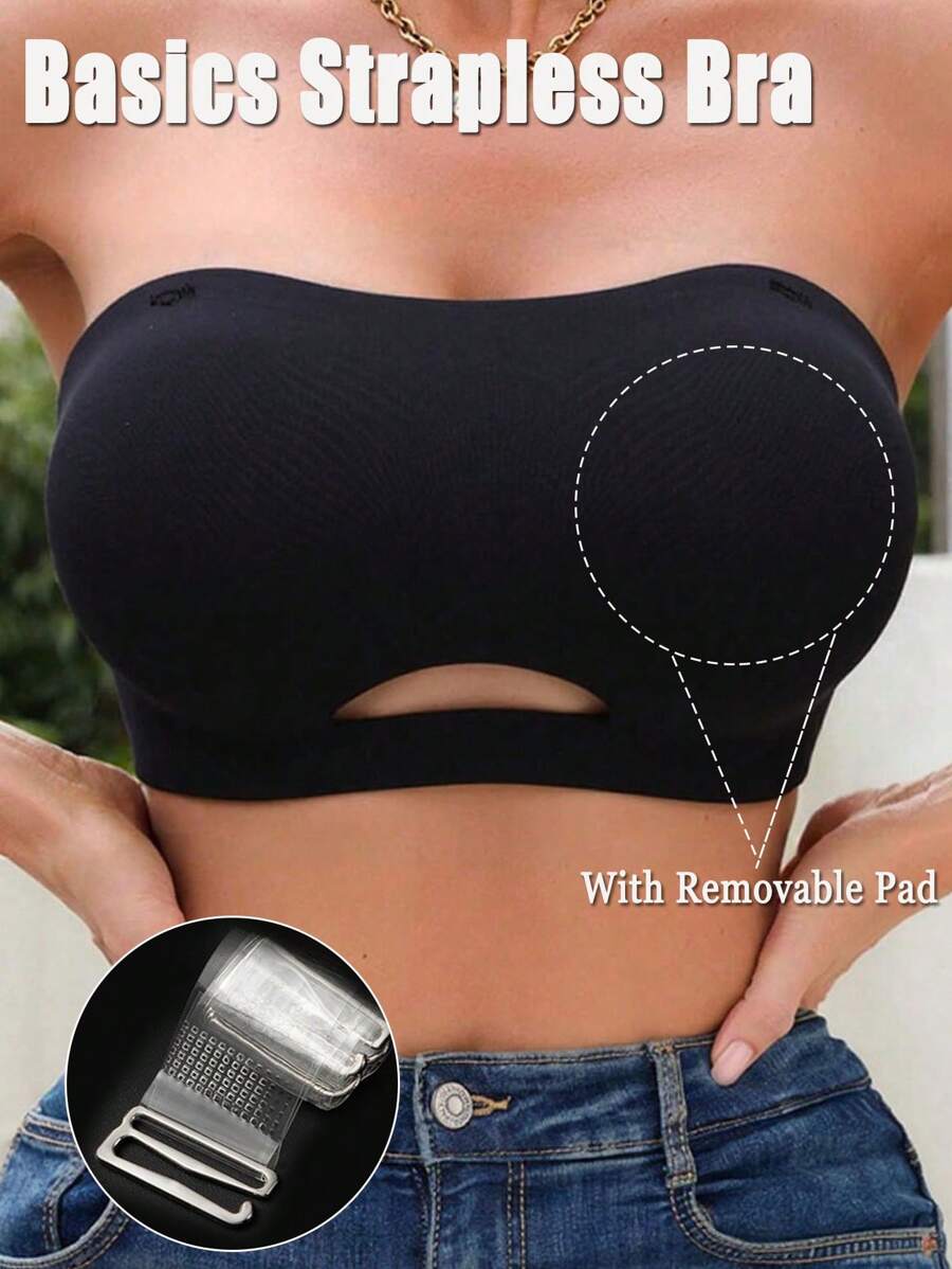 Women Seamless Strapless Bras Hollow Wireless Brassiere No Show Push Up Backless Bralette Invisible Traceless Cut Out Bandeau Basics Removable Pad Underwear Transparent Tape Tube Black Casual Solid Color Black Basic Tube NudeFit Off The Shoulder Bra Intimates Removable Padding Non-Slip Silicone Soft Padded Cups - Black - View 1
