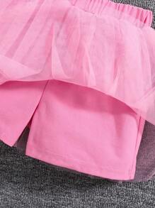 Girls Letter Print Decorated Contrast Color Splicing Mesh Skort Set With Round Neck Vest Top, Fashionable Sporty Style - Pink - View 6
