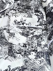 Set de pijama de 2 piezas de satén con estampado de pintura al estilo de tinta, blusa de manga corta con cuello y pantalón corto con lazo para mujer