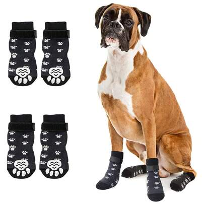 4 件装狗袜，防滑透气狗爪保护器，抓地力强，保护爪子，适合老年犬、硬木地板、防滑狗靴