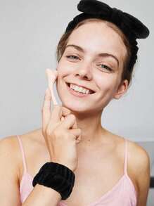 16件装粉色/黑色波浪形优雅纯色加厚发箍腕带毛绒发圈花朵发夹粉色配饰返校发型 - 黑色 - 查看 10