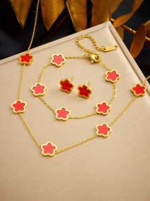 3pcs Women Fashion Elegant 5-Leaf Flower Bracelet, Necklace, Earrings Set, Stainless Steel Non-Fading, Suitable For Daily Wear, Good Gift For Friends