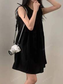 Petite Women's Vintage Pleated Bowknot Sleeveless Backless Mini Dress, Summer