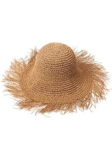 1 件女士磨边镂空纯色遮阳帽，简约可折叠休闲沙滩帽防晒，适合夏季旅行和度假