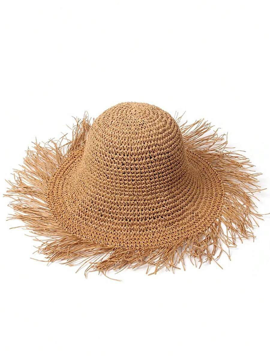 1 件女士磨边镂空纯色遮阳帽，简约可折叠休闲沙滩帽防晒，适合夏季旅行和度假