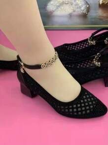 Black Mesh Hollow-Out Sandals, Soft Sole Fashion Mommy Stylish Flats For Summer 2025, Ladies Strappy Hollow Sandals New Summer Designs, Star Decor Mommy High Heel Sandals For Women