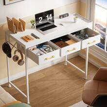 Desk With 3 Drawers, Small Desk With Headphone Holder, Office Table, PC Table, Office Table For Office, Living Room, Home Office (White, 96x47x78.5 Cm) - trắng - Xem 4