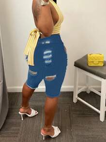 Women's Casual Distressed Raw Hem Denim Shorts With Pockets - Medium Wash - View 6