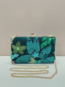 Bolsa de mão com padrão de bordado de lantejoulas exclusivo para noite, bolsa transversal para combinar com vestido formal - Verde - Ver 4