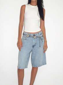Women's Knee Length Denim Shorts Loose Solid Color Low Rise Wide Leg Long Shorts With Pockets For Summer - Light Wash - View 5