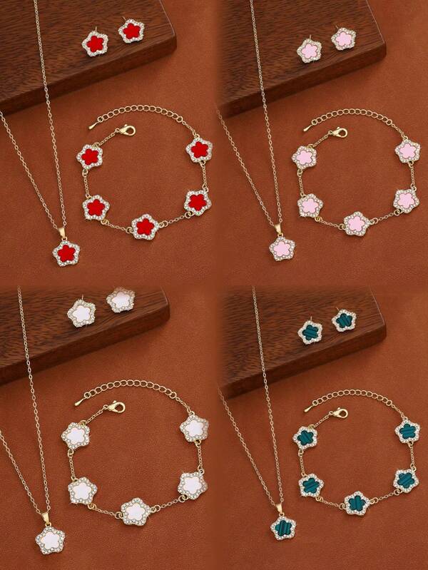 Set de 3 piezas de joyería con collar, pulsera y pendientes con diseño de flor de cinco hojas - Set de joyería floral de moda apta para uso diario, regalo de Navidad, Año Nuevo, Día de San Valentín u otras festividades