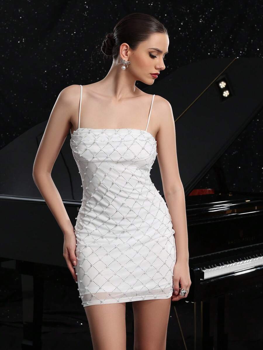 Women's Heavily Embellished Rhinestone Ruched Backless Tie-Up Mini Bodycon Party Dress, Fashionable Outfit Suitable For Special Occasions,Cocktail - White - View 1