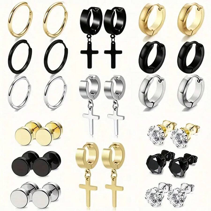 30 Pcs Earrings For Men Black Silvery Golden Stainless Steel Earrings Set Stylish And Minimalist Jewelry For Daily Wear - 15 Pairs Of Stainless Steel Earrings - View 1