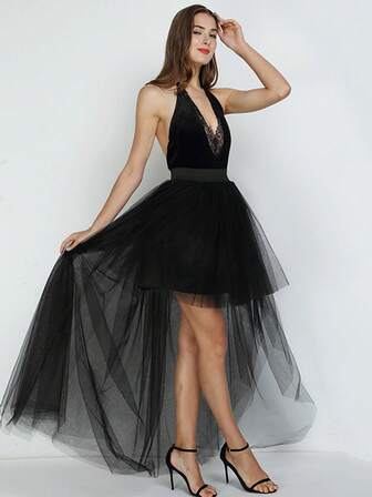 Asymmetric Tulle Skirt, Sexy Black Tulle Skirt With Tiered Ruffles, Short Front Long Back Prom Skirt, Adult Asymmetrical Bridesmaid Skirt For Stage Performance
