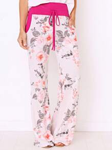 Floral Drawstring Fold Over Band Wide Leg Lounge Pants - 白色 - 查看 4