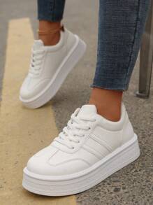 Thick Sole Women White Sneakers, Versatile Casual Outdoor Travel Walking Lightweight Tennis Shoes - White - View 4