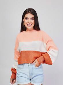 Striped Off-The-Shoulder Blouse Princess Sleeve Knit Warm Winter Fashion Blogger New2023 - 亮橙色 - 查看 3