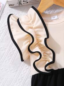 Young Girl' Fashion Ruffle Patchwork Casual Dress, Suitable For Outdoor & Daily Casual Occasions - Apricot - View 4