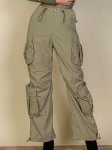 Women's Casual Boho Flap Pockets Drawstring Ruched Parachute Pants - 橄欖綠 - 查看 2