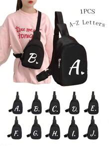 1 Shoulder Bag Mini Letter Heart Printed Chest Bag, Cute, Fashionable, Lightweight, Soft Wool Material Zipper Closure Chest Bag, Suitable For Boy And Girl Traveling, Vacationing, Outdoor, Backpacks, Giving Birthday Gifts To Family And Friends - AD03-036 Black Bag With White Small Love Letters - View 2