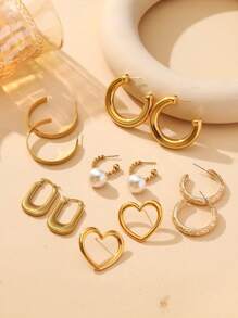 1 Pair Women's Elegant Minimalist Luxury Gold Crescent Moon & Heart Shaped Stainless Steel Earrings, Suitable For Concerts, Parties, Banquets, Holiday Gifts