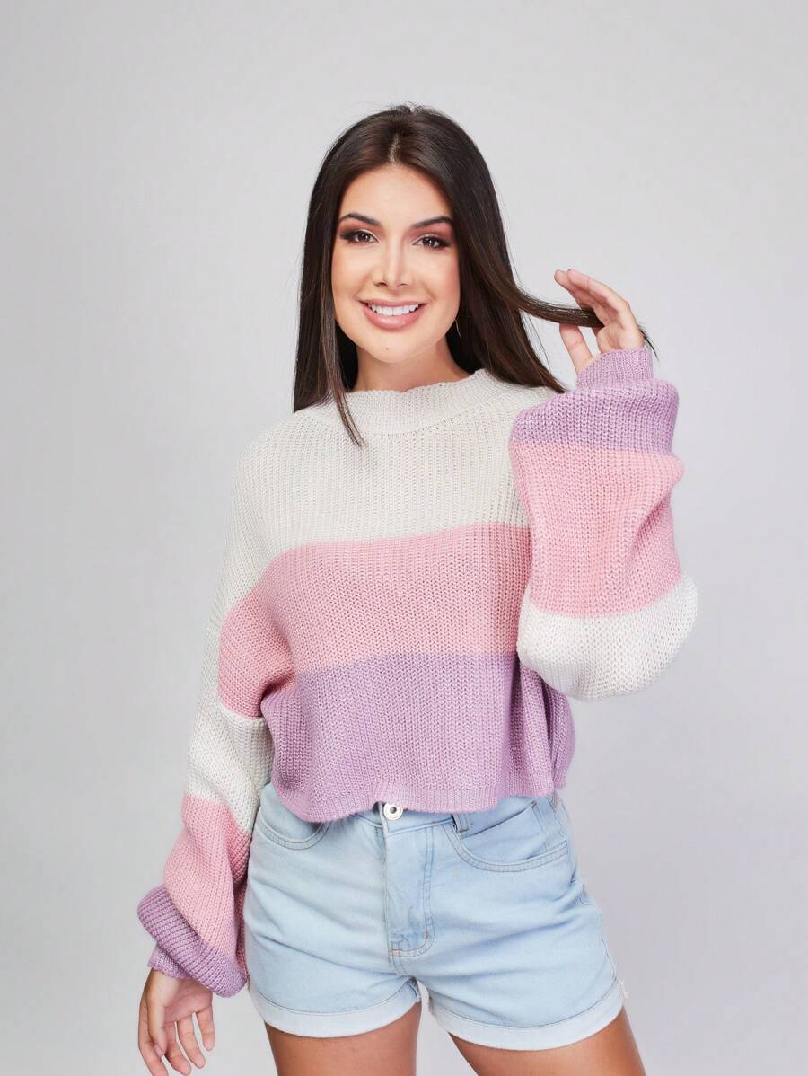 Striped Off-The-Shoulder Blouse Princess Sleeve Knit Warm Winter Fashion Blogger New2023 - White - View 1