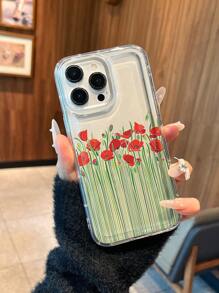 Funda de teléfono a media pantalla con flor roja y amortiguación de aire, compatible con 16 Pro Max/11/12/13/14 Plus/15 Pro/XR/XS