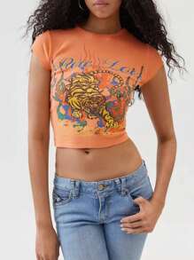 Women's Y2K Slim Crop Tops Letter Tiger Print Short Sleeve Round Neck Show Navel Baby Tees Summer Going Out T Shirt Tops Streetwear