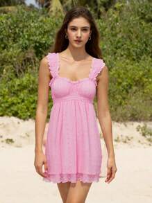 Women Summer Sleeveless Dress Floral Embroidery Loose Party A-Line Dress For Beach Club Streetwear - Hồng - Xem 4