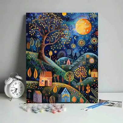 1 套月光下的村庄数字绘画艺术 DIY 套件，适用于卧室和墙壁装饰的艺术油画套装，简单而有趣的绘画，无需绘画基础，实现您的艺术家梦想，沉浸在色彩缤纷的世界中，每一笔都是自我表达，为生活增添浪漫主义，送给家人和朋友的最佳礼物，40 * 50 厘米