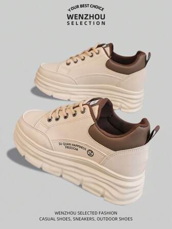 女士新款厚底运动鞋，休闲厚底系带厚底鞋，皮革运动跑鞋，百搭秋季