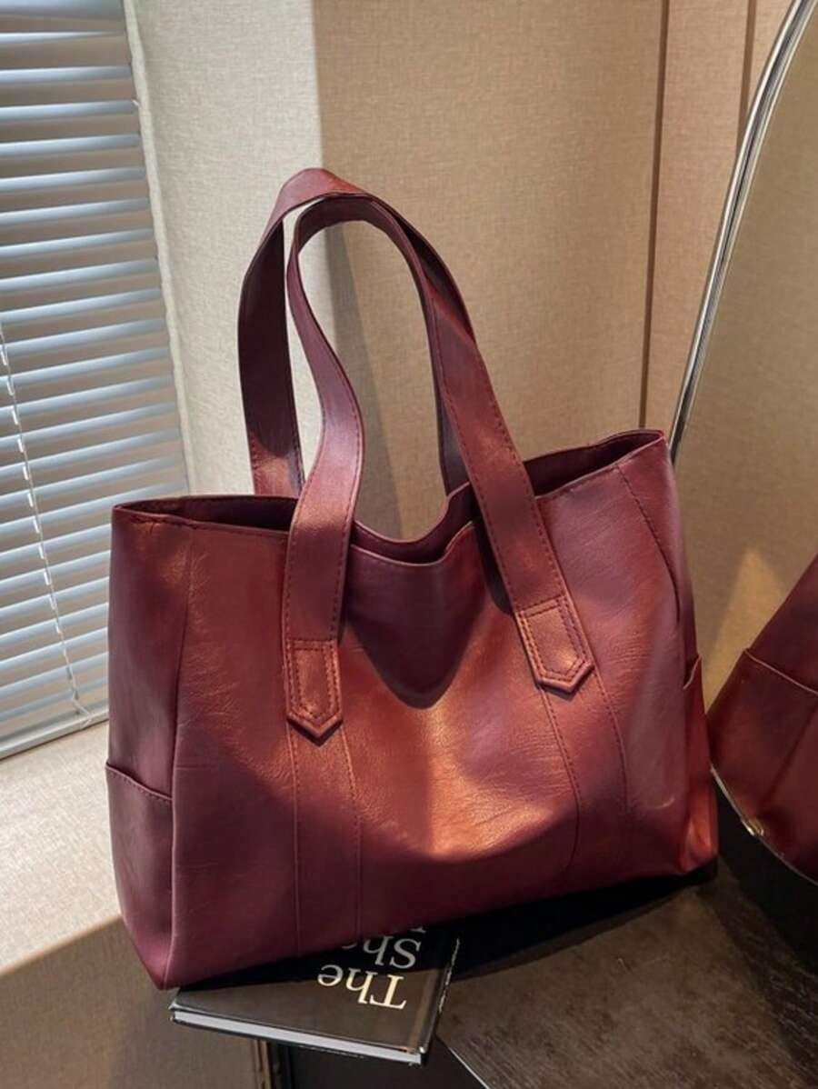 Dedoo Burgundy Red Wine Color Minimalist Handbag, Suitable For Girls And College Students, New White-Collar Workers, Perfect For Office, Work, Business, Commuting, Best Ladies' Work Bag, PU Leather Handbag, New Tote Bag, Simple Large Capacity Portable Shoulder Bag